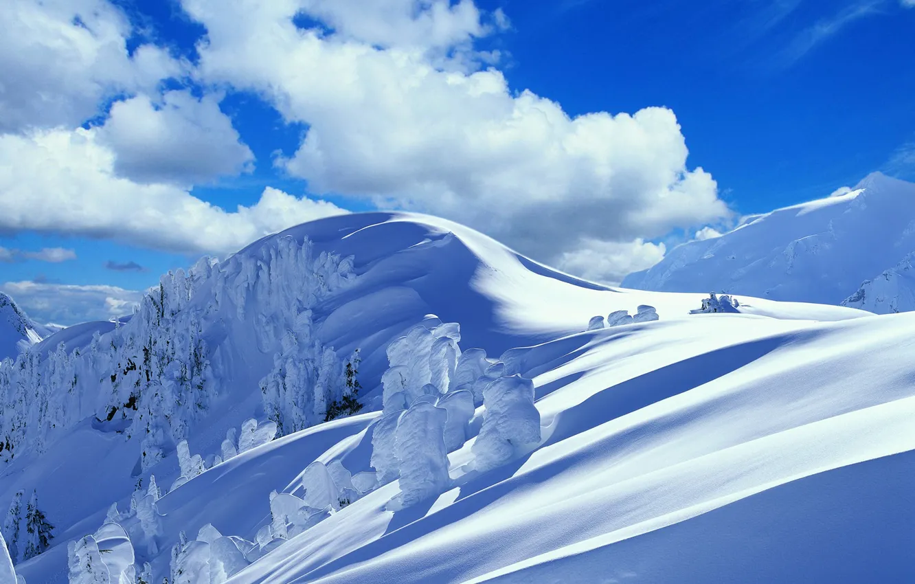 Photo wallpaper winter, clouds, snow, trees, mountains, the snow