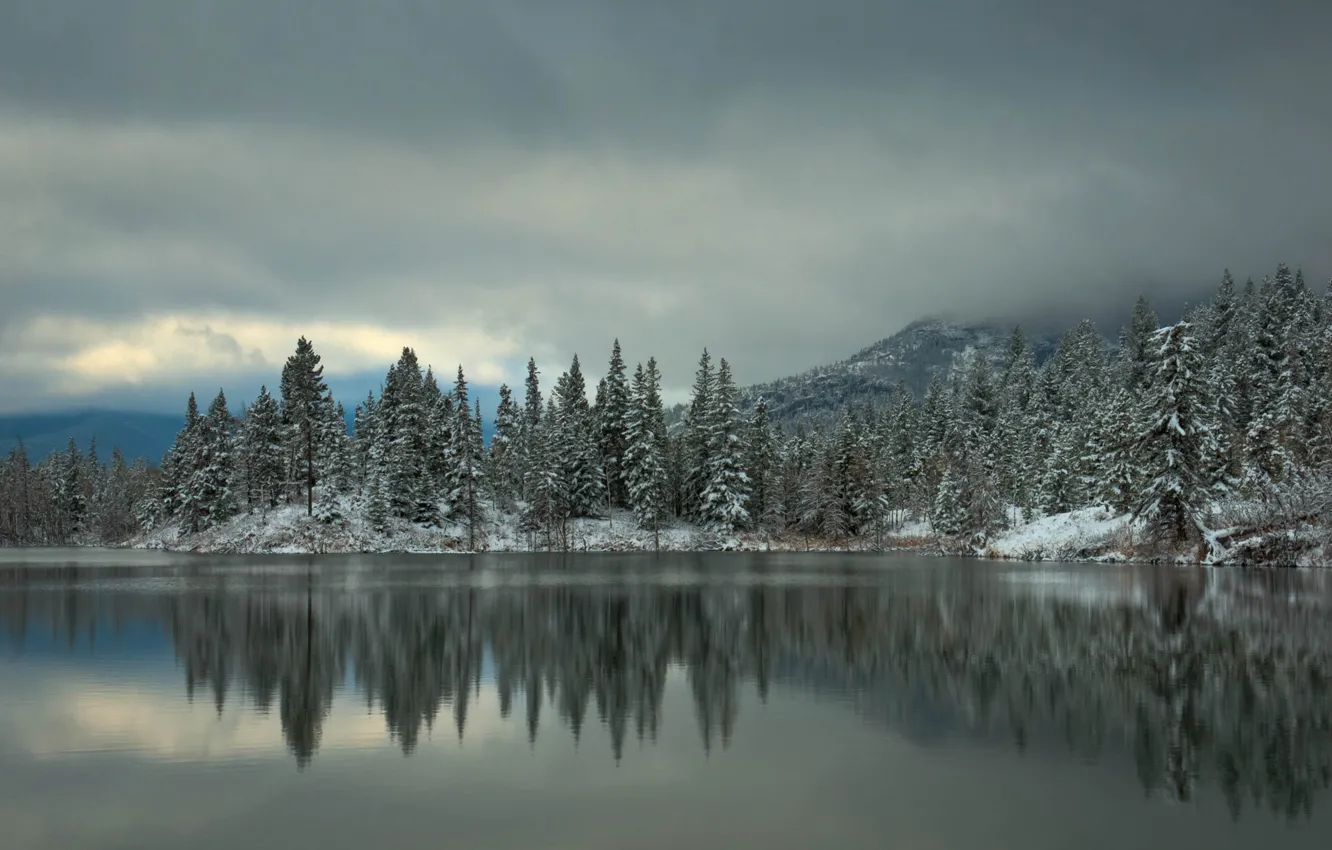 Photo wallpaper winter, forest, snow, trees, mountains, lake, reflection, tree