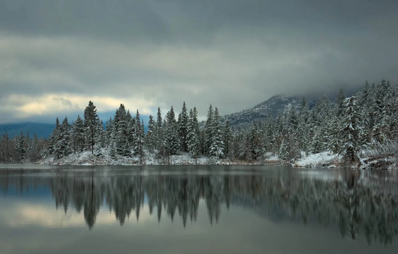 Photo wallpaper winter, forest, snow, trees, mountains, lake, reflection, spruce