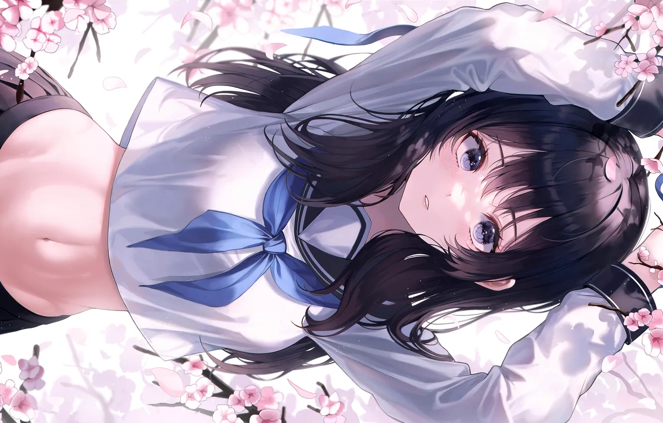 Photo wallpaper girl, school uniform, long hair, anime, flowers, beautiful, purple eyes, pretty