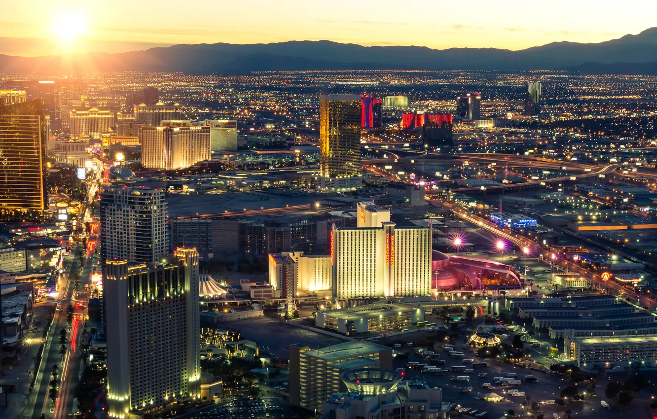 Photo wallpaper lights, sunrise, home, Las Vegas, panorama, USA, megapolis, the rays of the sun