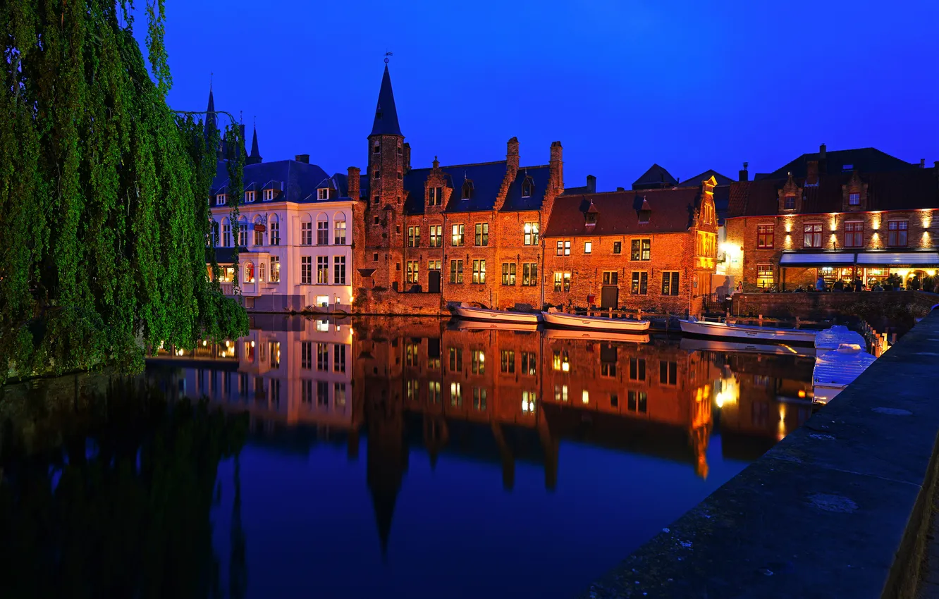 Photo wallpaper Home, Reflection, The evening, Belgium, Bruges, Water channel