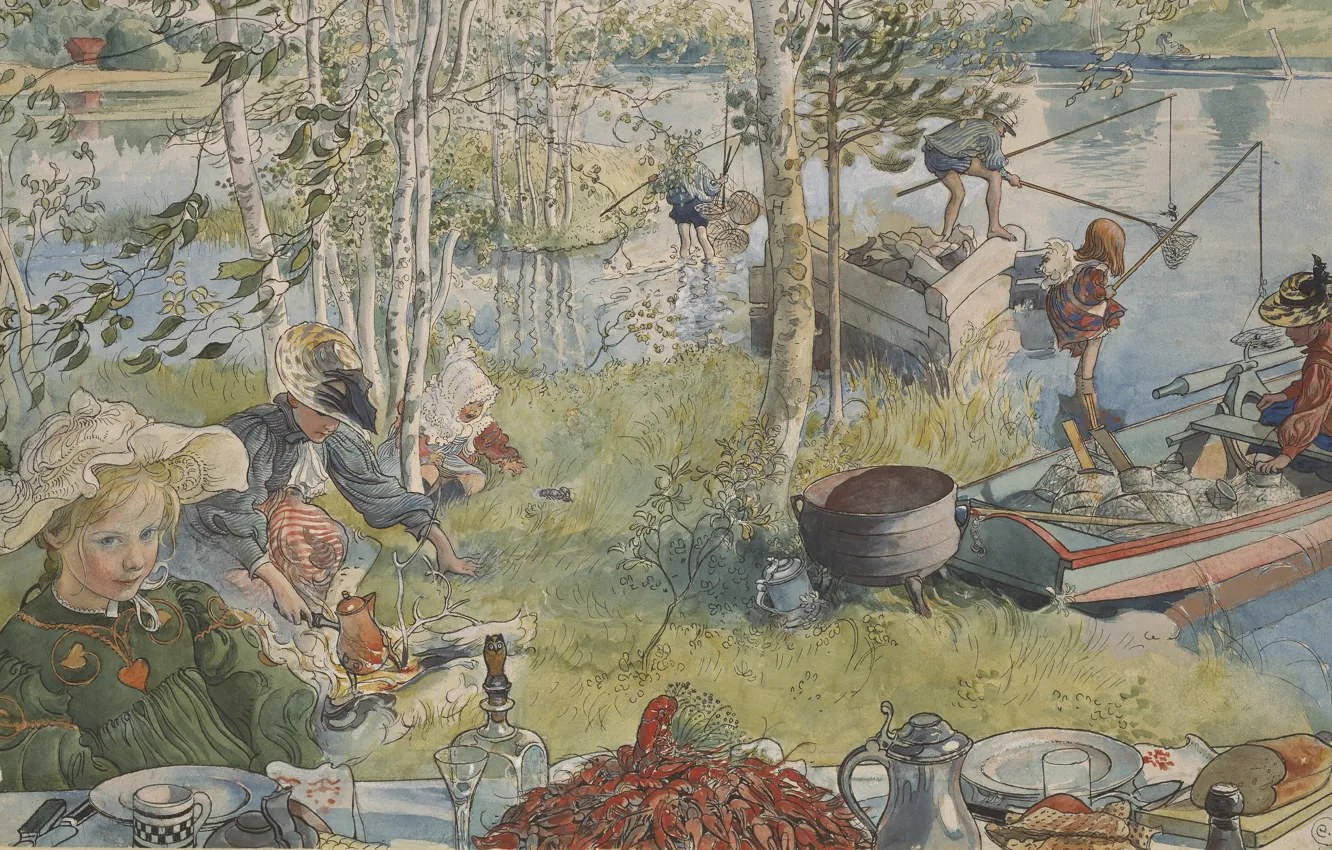 Photo wallpaper Carl Olof Larsson, Carl Larsson, Crayfishing, Carl Larsson, Crayfishing, Swedish artist, Carl Olof Larsson, Swedish …