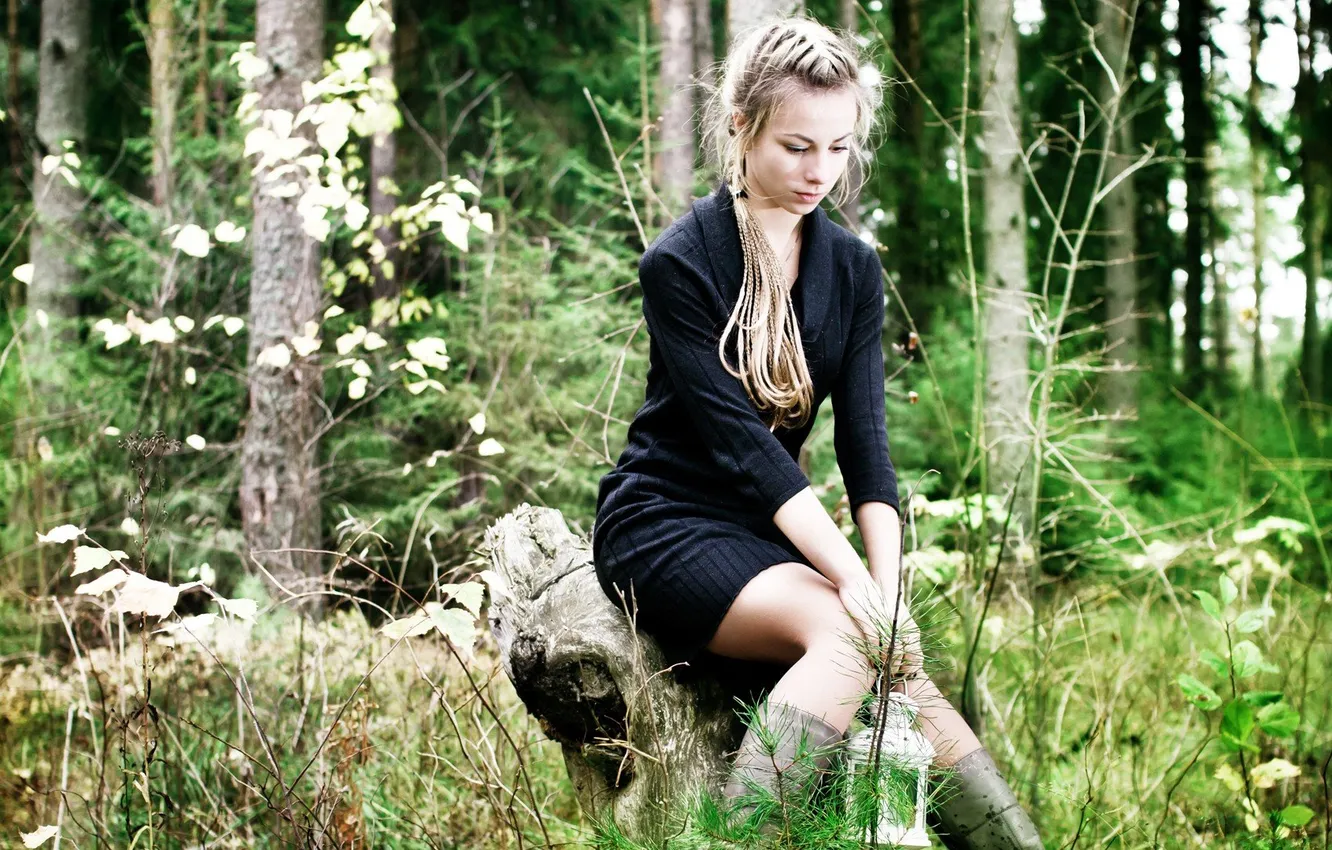 Photo wallpaper girl, forest, dress, nature, woman, young, boots