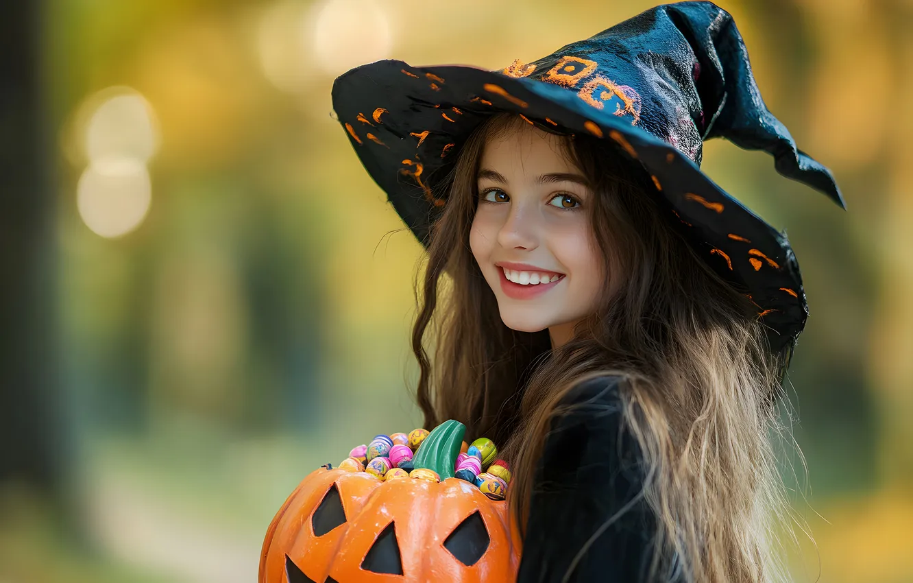 Photo wallpaper autumn, smile, holiday, black, hat, candy, costume, girl