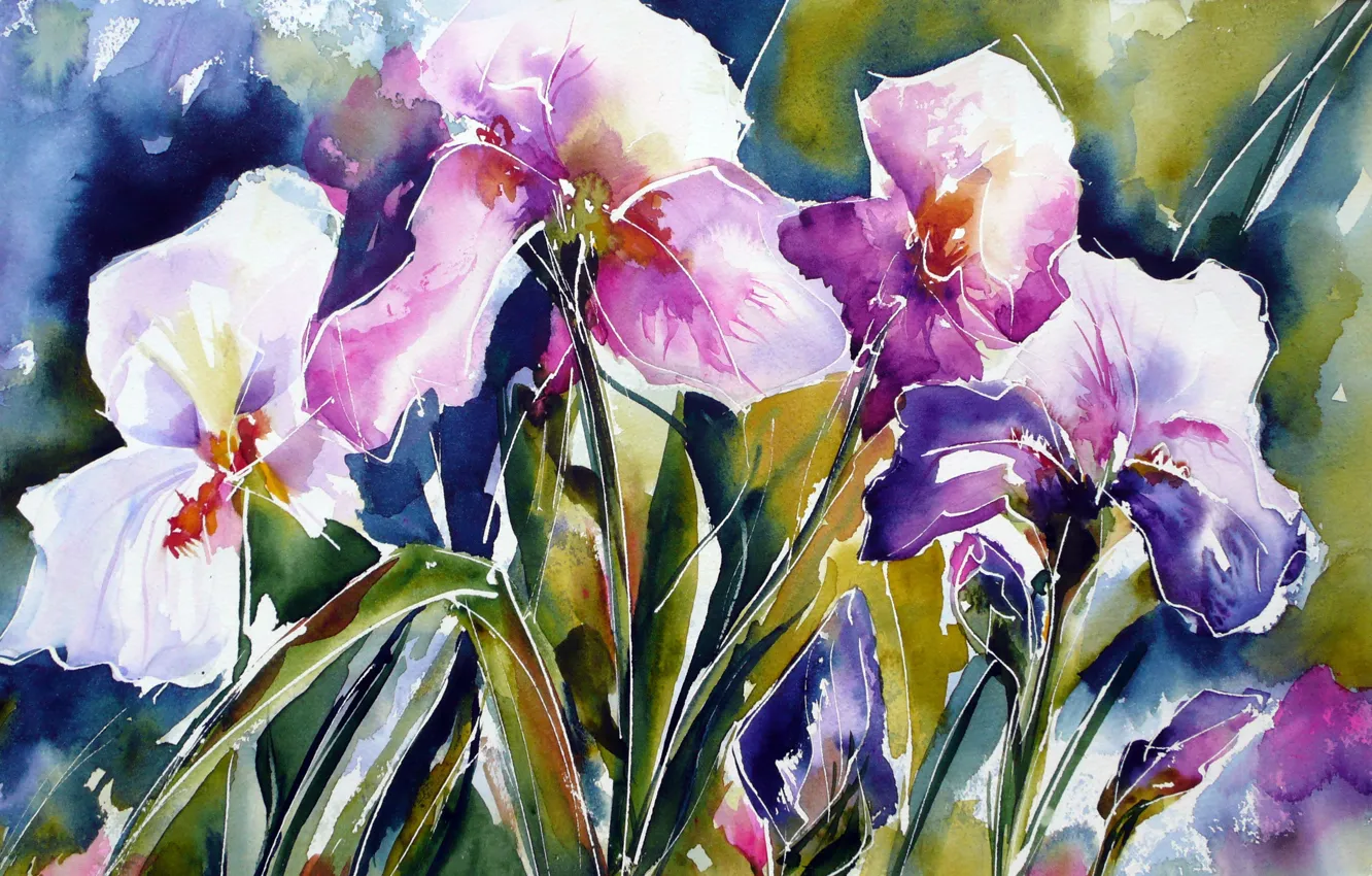 Photo wallpaper flowers, watercolor, irises