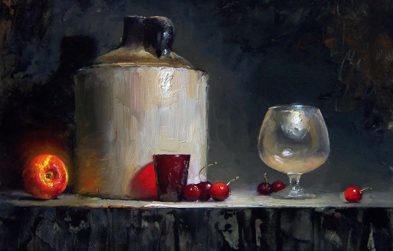 Photo wallpaper light, cherry, glass, berries, table, background, dark, glass
