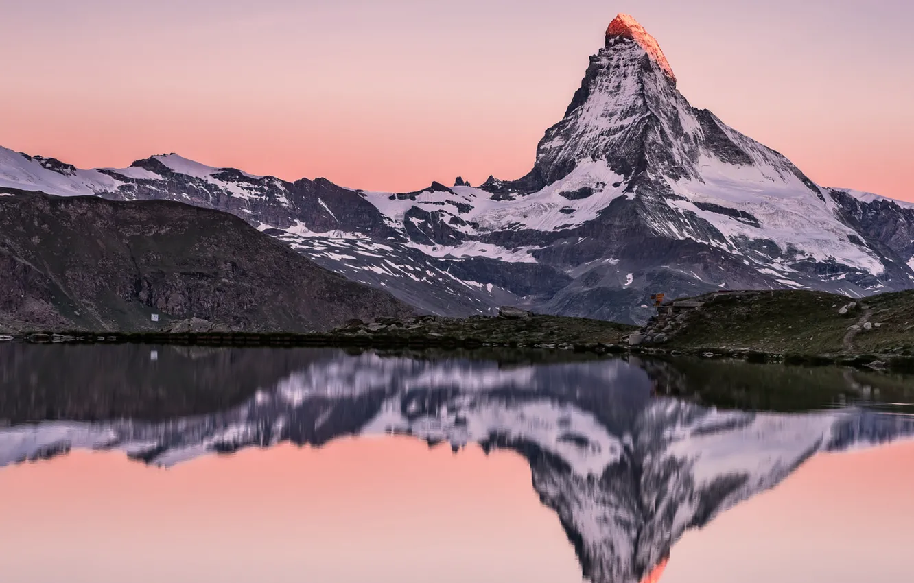 Photo wallpaper sunset, mountain, lake, mirror