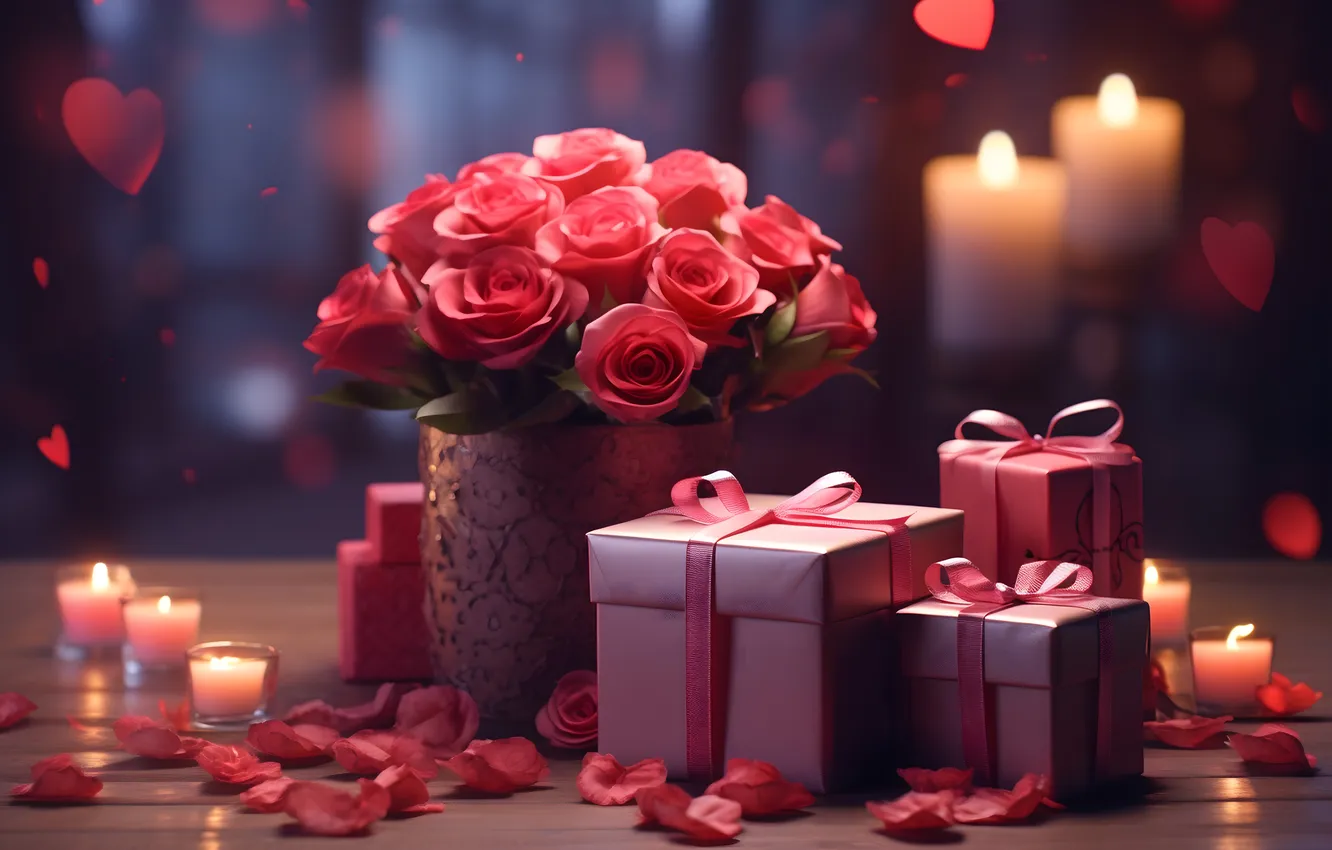 Photo wallpaper love, flowers, gift, romance, heart, roses, love, Valentine's day