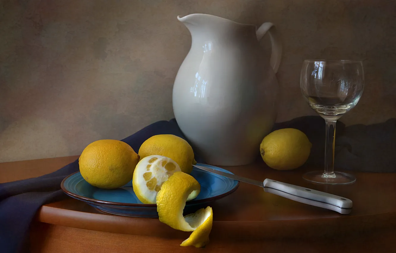 Photo wallpaper lemon, glass, plate, knife, dishes, still life, the milkman