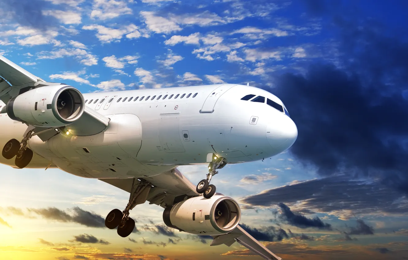 Photo wallpaper the sky, clouds, flight, sunset, the plane, view, passenger, airliner