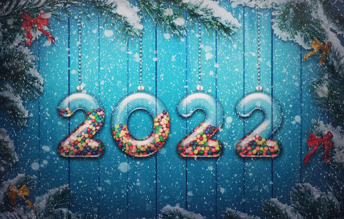 Photo wallpaper winter, balls, snow, branches, transparent, holiday, Board, new year