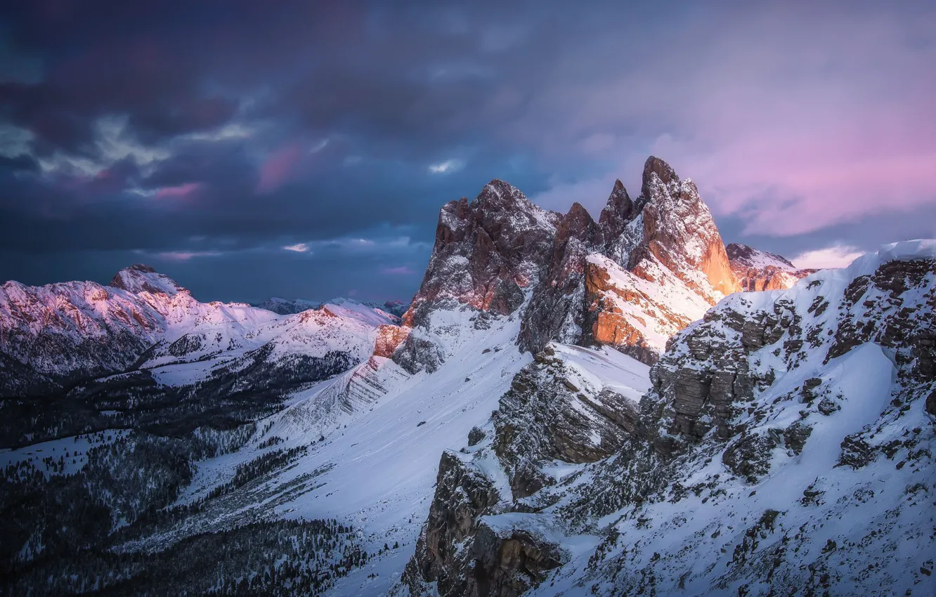 Photo wallpaper winter, the sky, clouds, snow, trees, mountains, clouds, nature