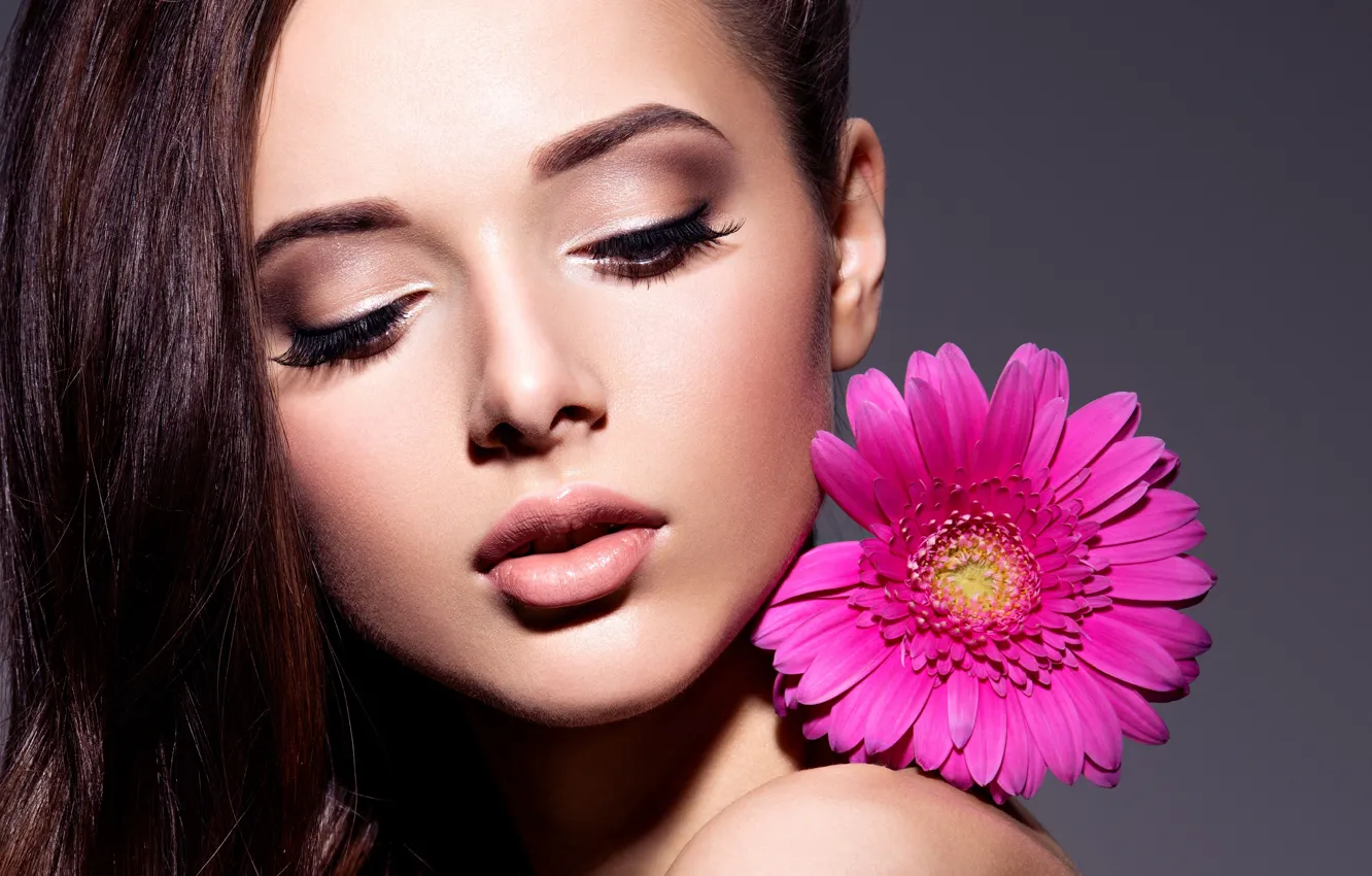 Photo wallpaper flowers, face, background, portrait, makeup, hairstyle, brown hair, beauty
