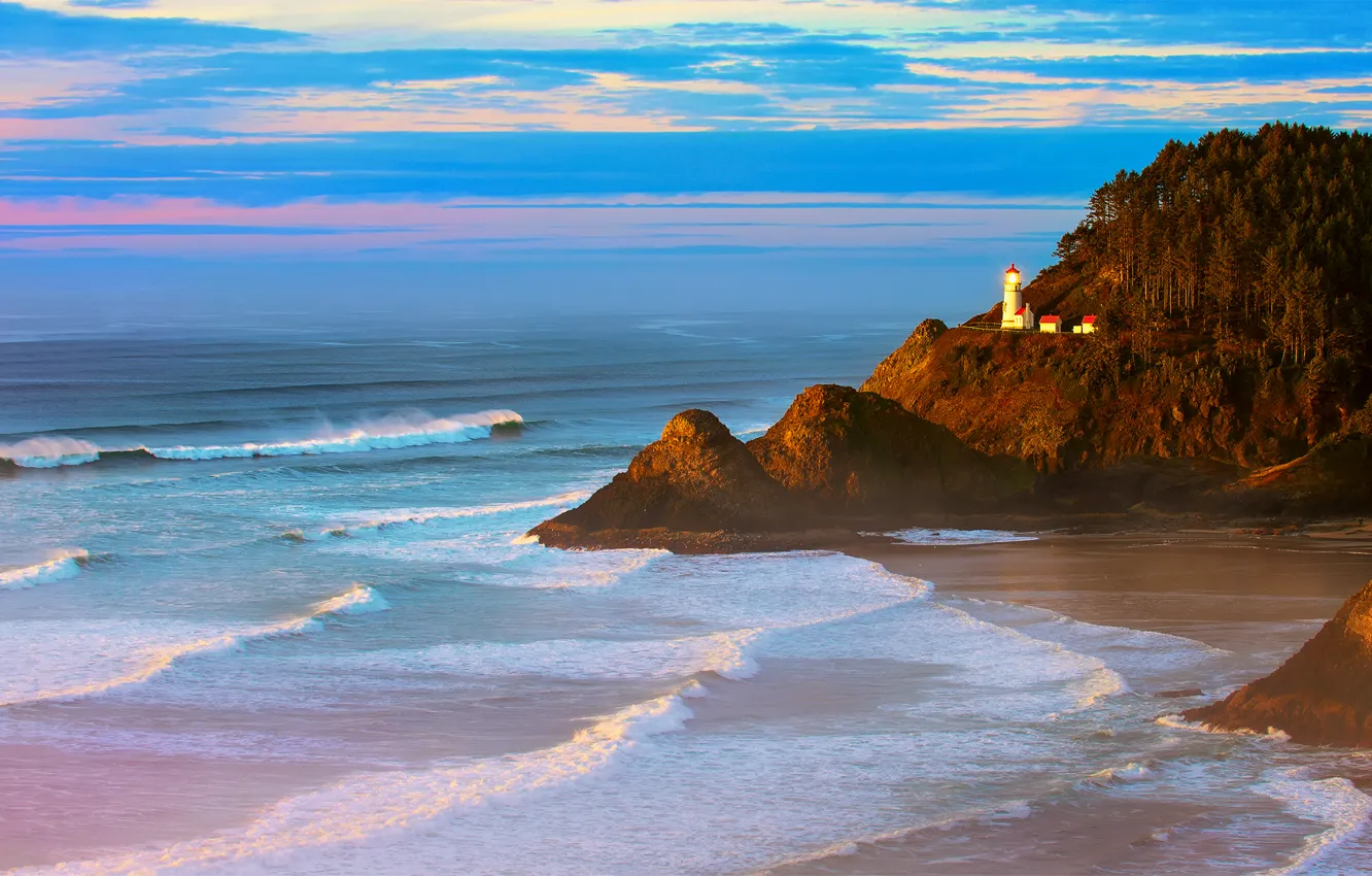 Photo wallpaper sea, wave, forest, beach, sunset, rocks, lighthouse, the evening