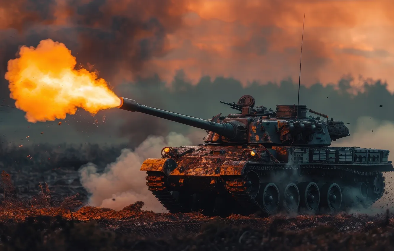 Photo wallpaper smoke, shot, tank, digital art, AI art, The Art of Artificial Intelligence, War and conflict …