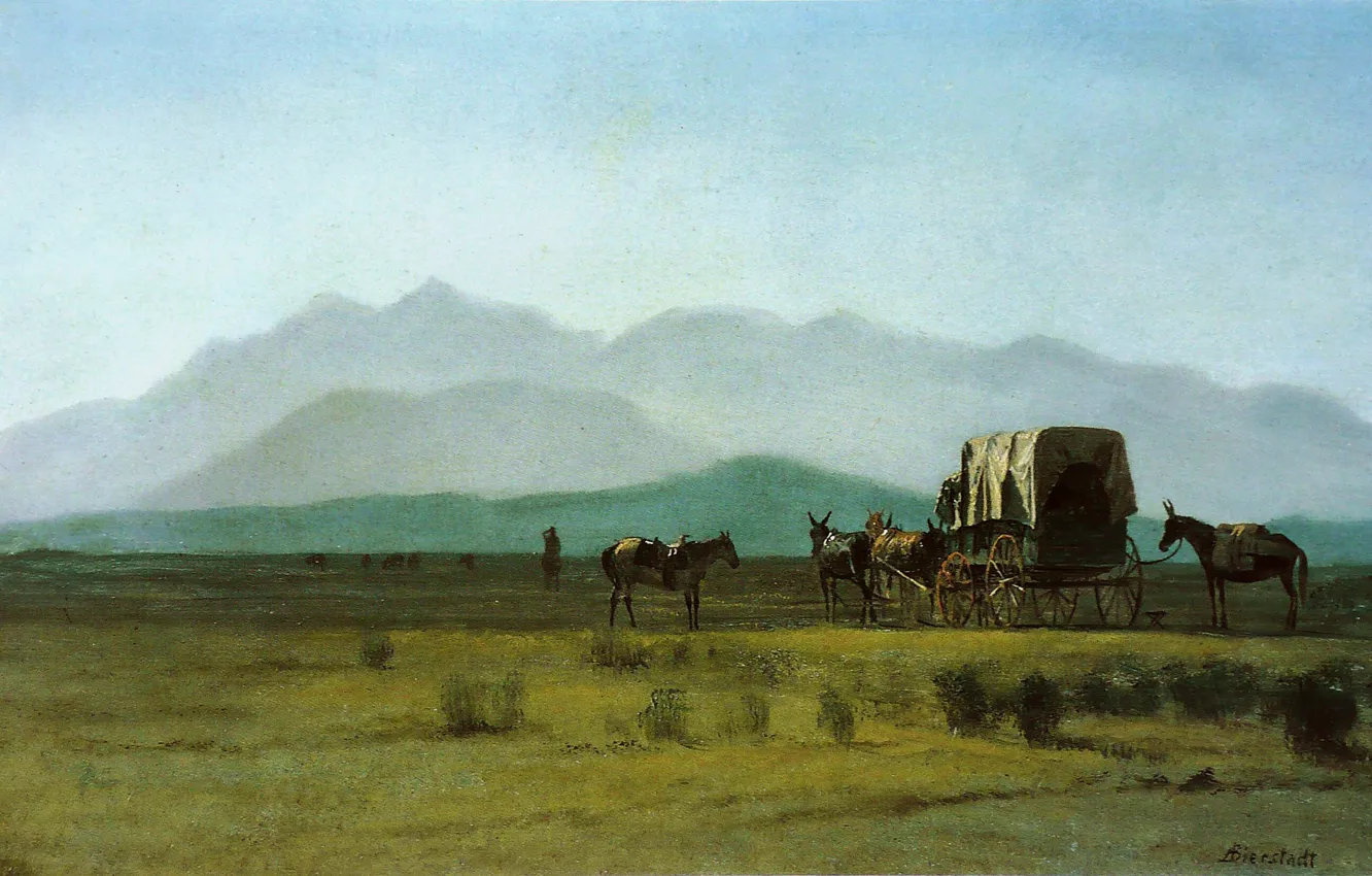 Photo wallpaper picture, painting, painting, Albert Bierstadt, Surveyors wagon in the rockies
