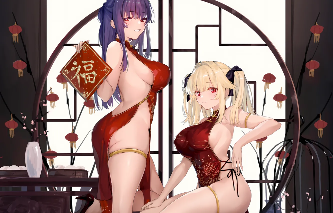 Photo wallpaper sexy, cleavage, long hair, dress, legs, girls, boobs, anime