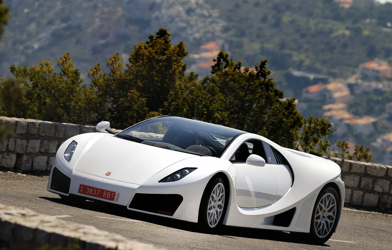 Photo wallpaper road, white, mountains, supercar, the bushes, gta, Spano