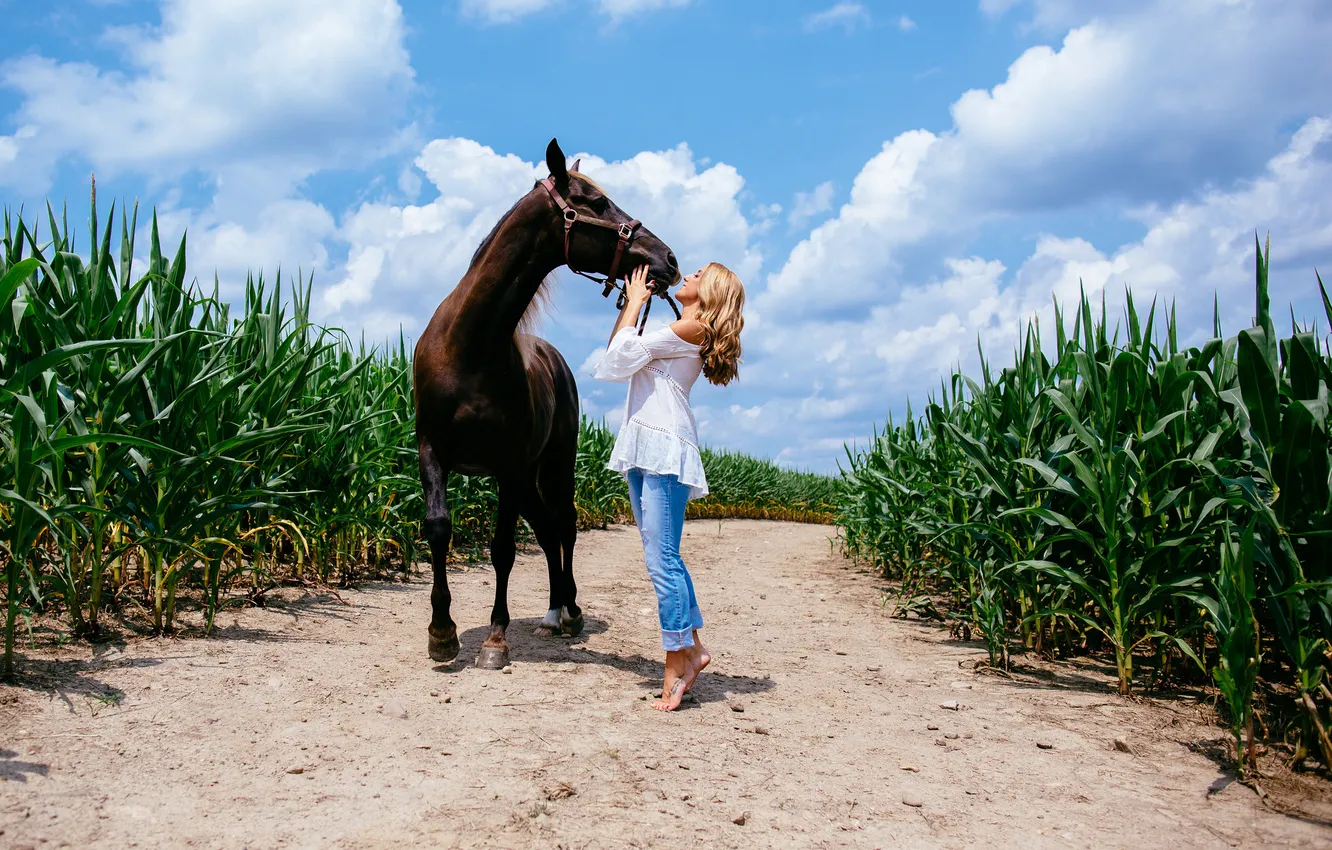 Photo wallpaper girl, horse, blonde
