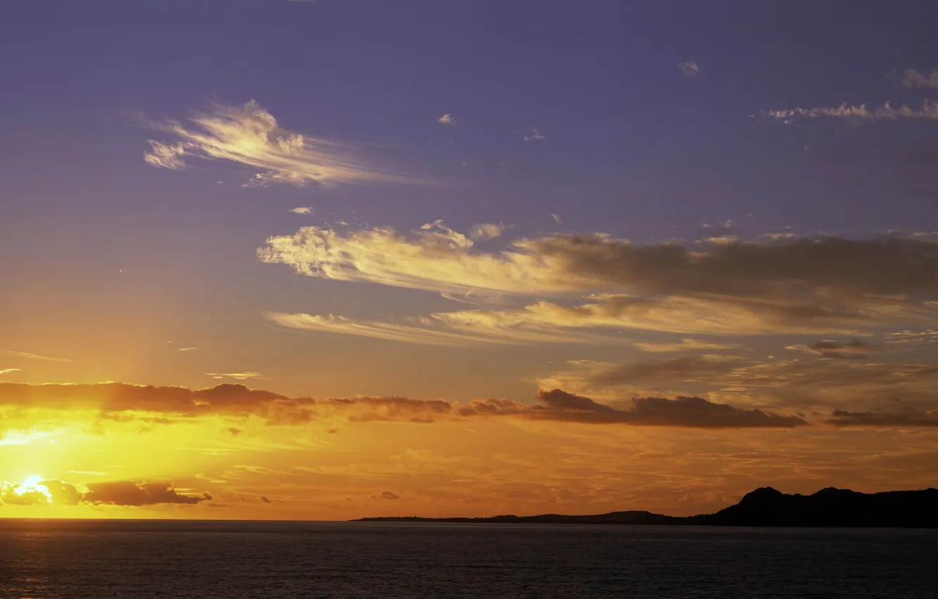 Photo wallpaper sea, the sky, the sun, clouds, sunset, panorama