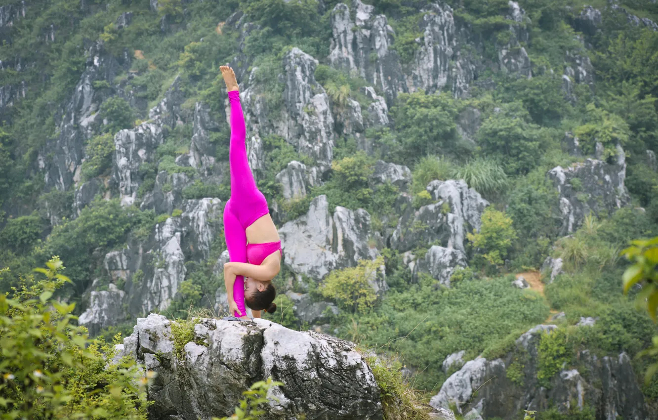 Photo wallpaper girl, nature, pose, background, gymnastics, yoga, harmony
