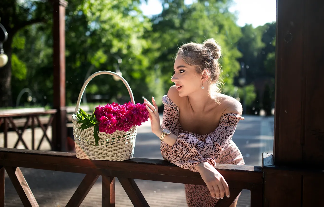 Photo wallpaper dress, trees, flowers, model, women, blonde, Dmitry Shulgin, Summer Dress