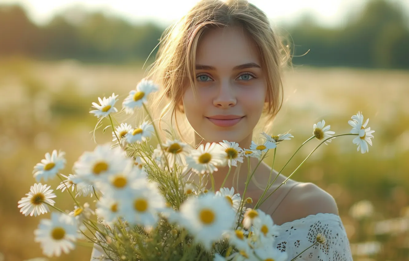 Photo wallpaper flowers, look, AI art, face, girl, field, portrait, bouquet