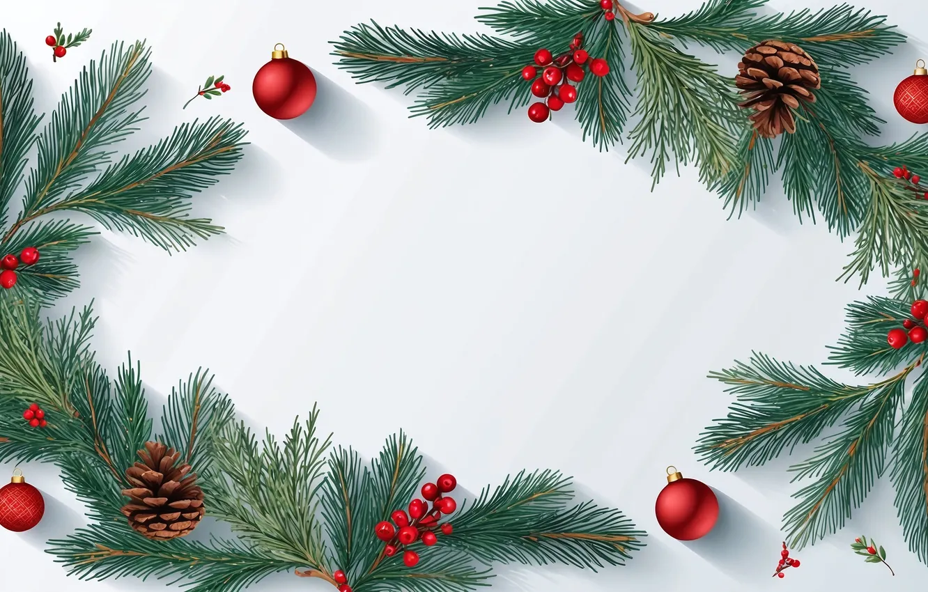 Photo wallpaper balls, branches, red, berries, new year, Christmas, white background, needles