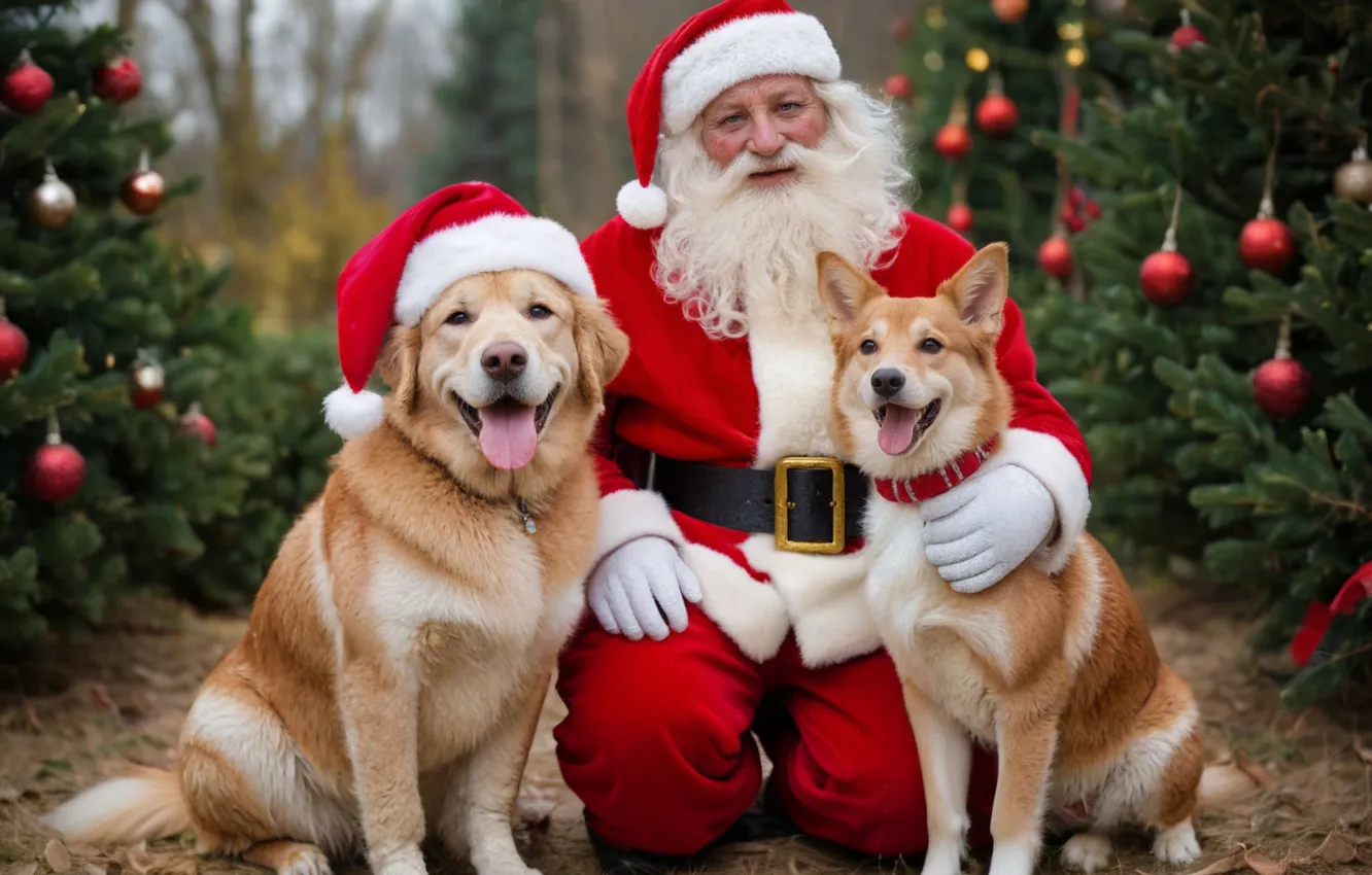 Photo wallpaper each, new year, dog, Christmas, Santa Claus, Santa Claus, herringbone, two dogs