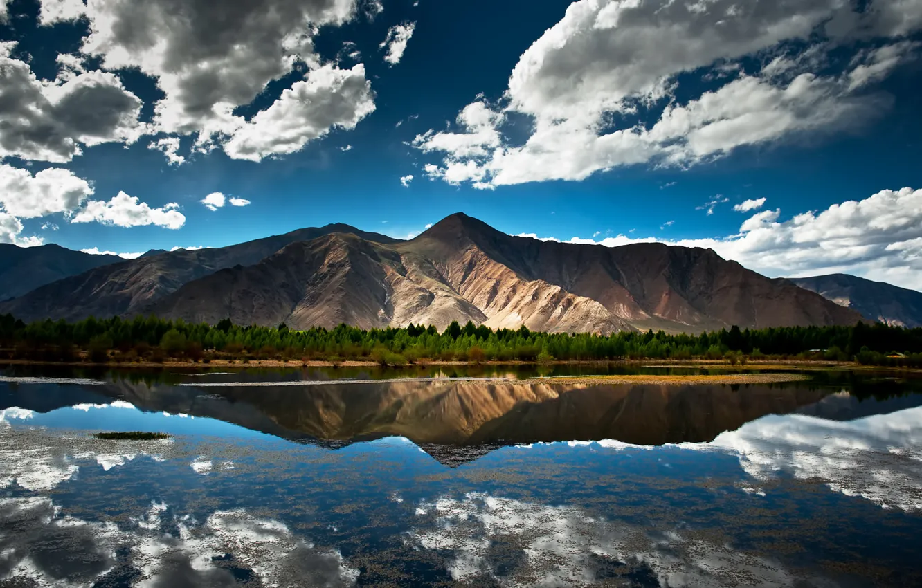Photo wallpaper the sky, clouds, mountains, lake, reflection, China, Tibet, tibet