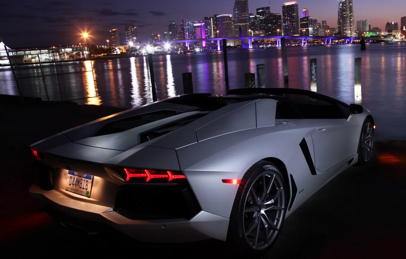 Photo wallpaper water, the city, reflection, the evening, roadster, back, LP700-4, Lamborghini Aventador