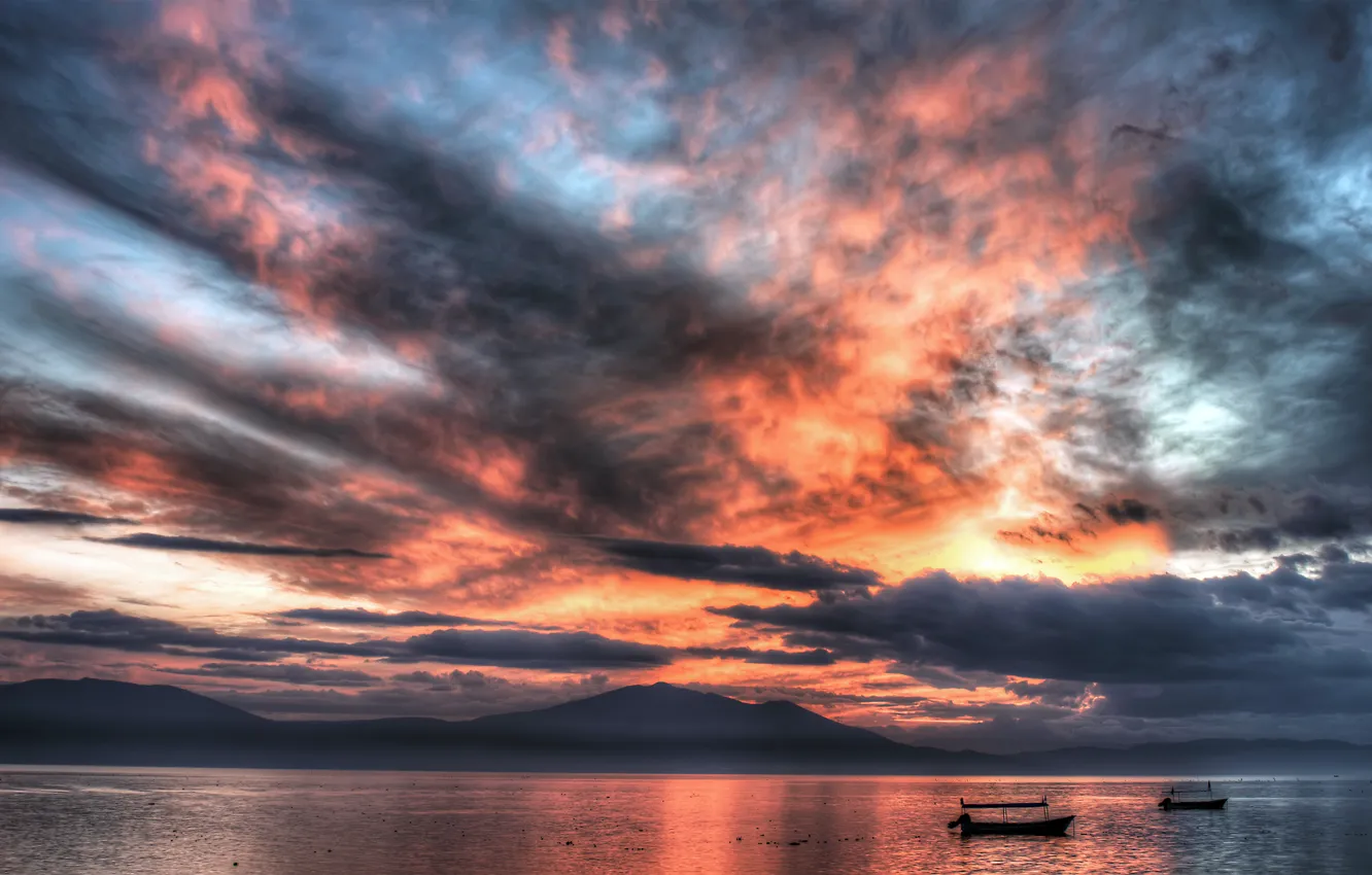 Photo wallpaper sea, the sky, water, clouds, sunset, boats, Mexico