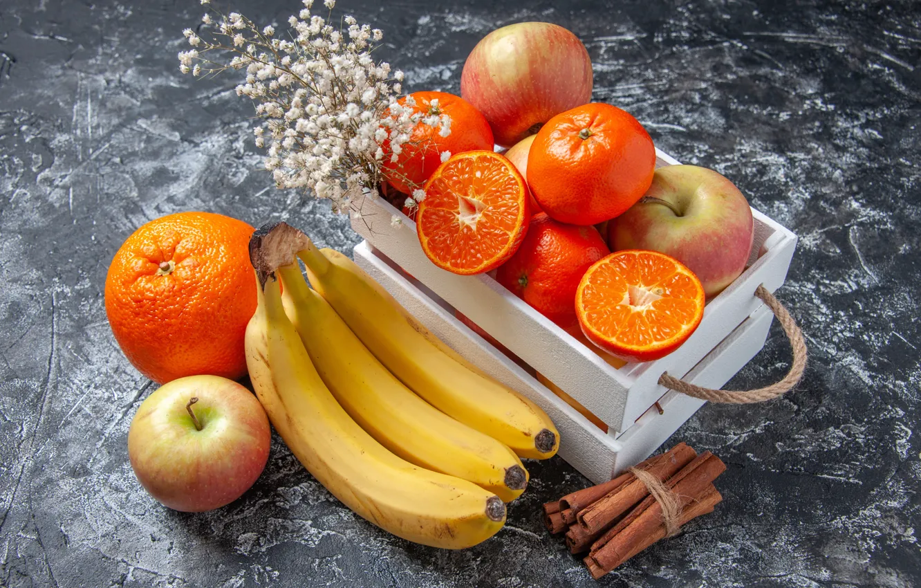Photo wallpaper flowers, table, apples, orange, bananas, fruit, box, cinnamon