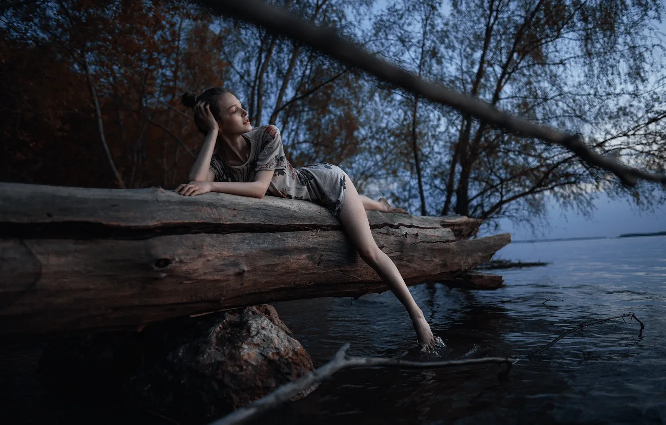 Photo wallpaper girl, twilight, photo, sunset, wood, photographer, lake, model