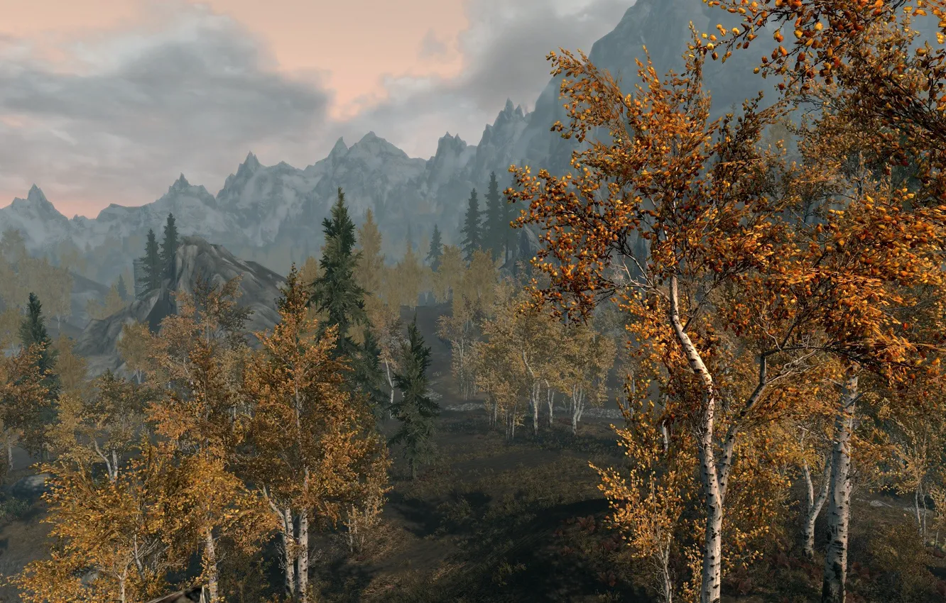 Photo wallpaper autumn, the sky, clouds, trees, landscape, mountains