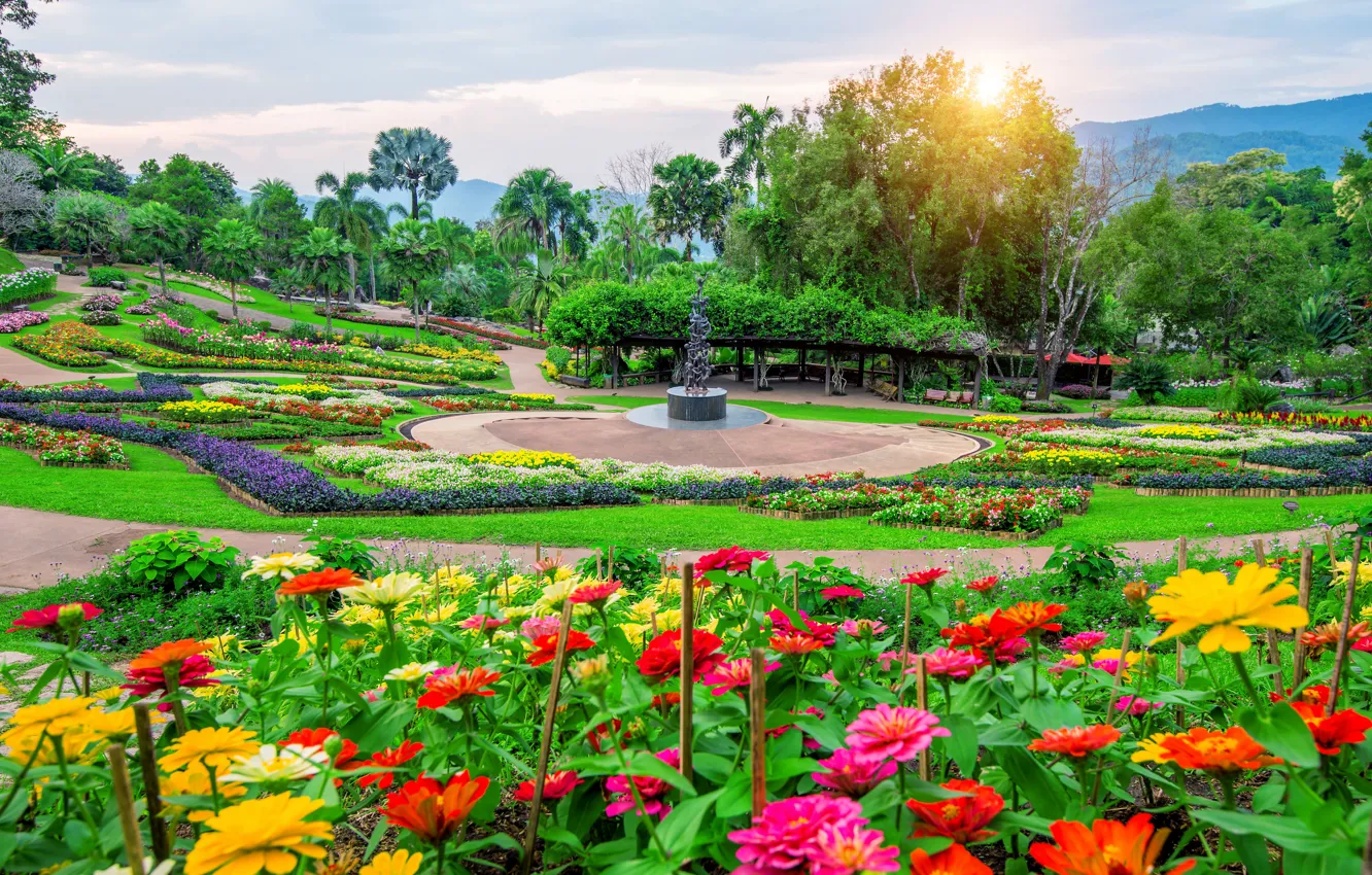 Photo wallpaper greens, summer, trees, flowers, Park, palm trees, bright, Asia