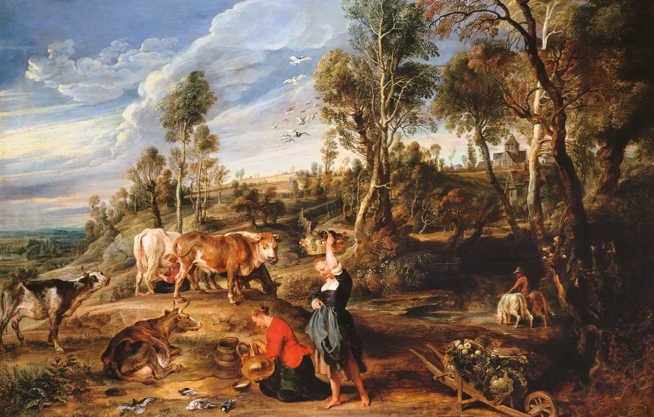 Photo wallpaper animals, picture, cows, Peter Paul Rubens, Pieter Paul Rubens, Landscape with Milkmaids, Farm at Laken