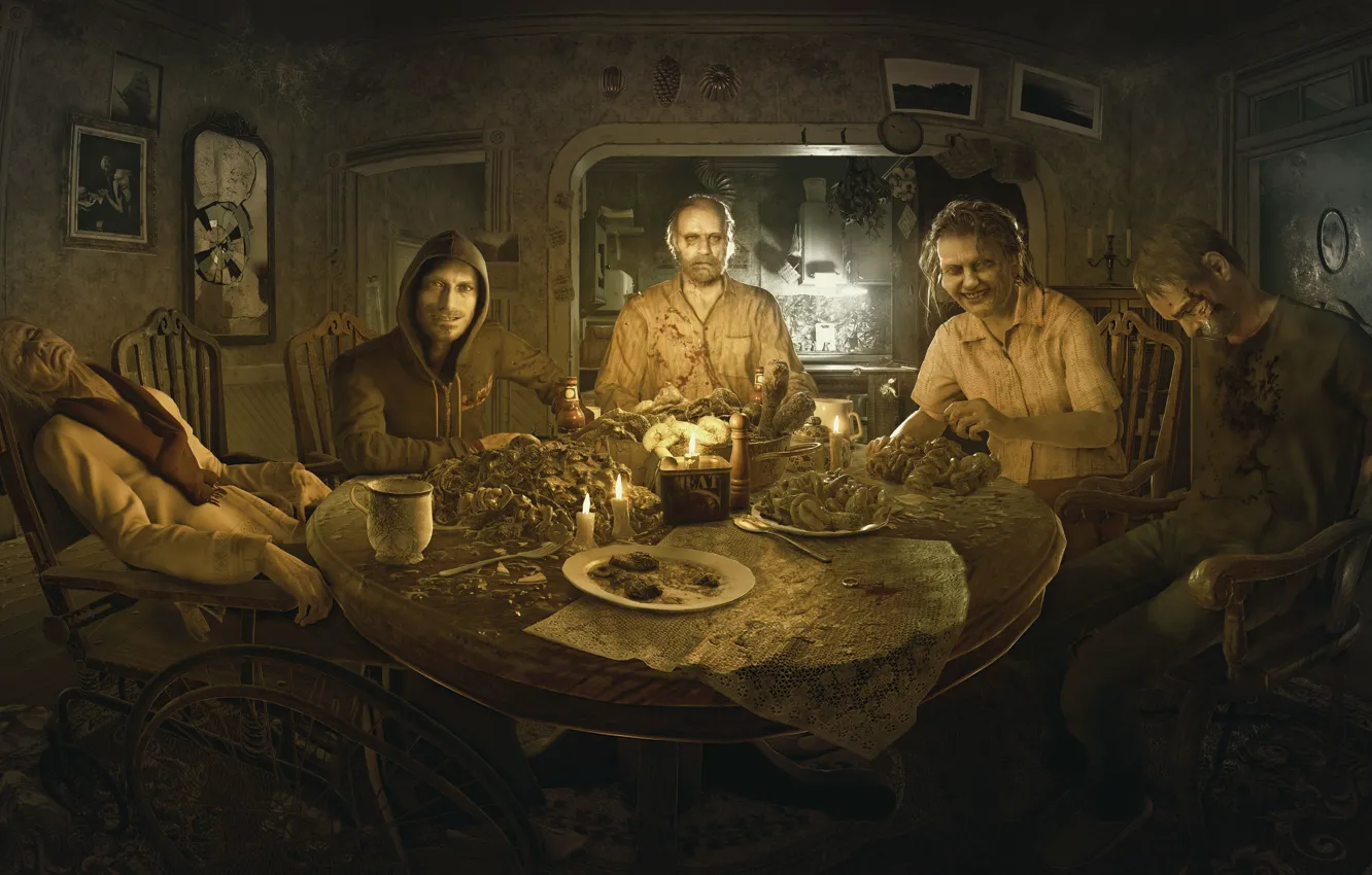 Photo wallpaper Table, Food, Men, Game, Eveline, Resident Evil 7, Jack Baker, Jack Baker