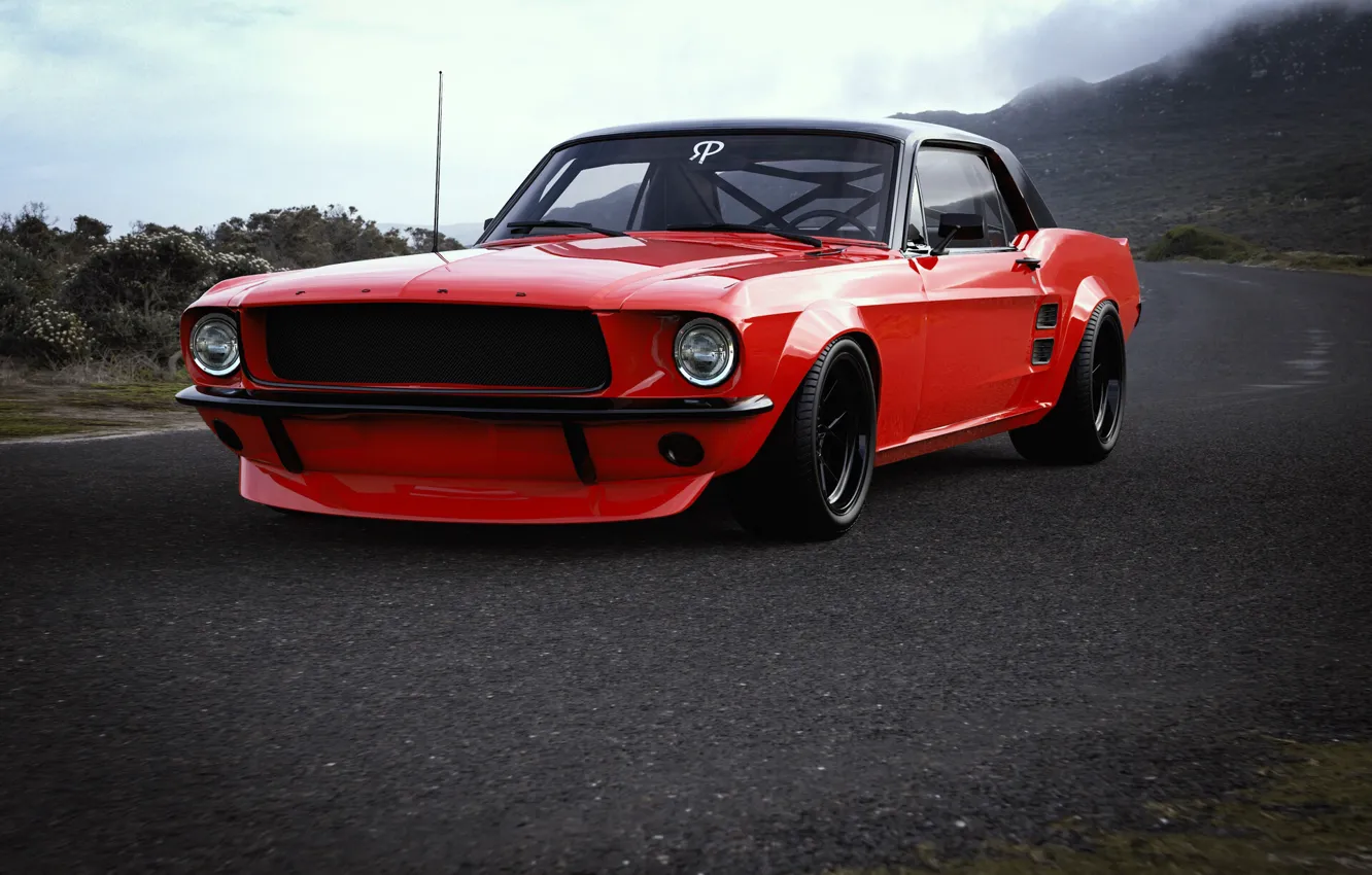 Photo wallpaper Mustang, Ford, Red, Auto, Retro, Machine, Rendering, Transport & Vehicles