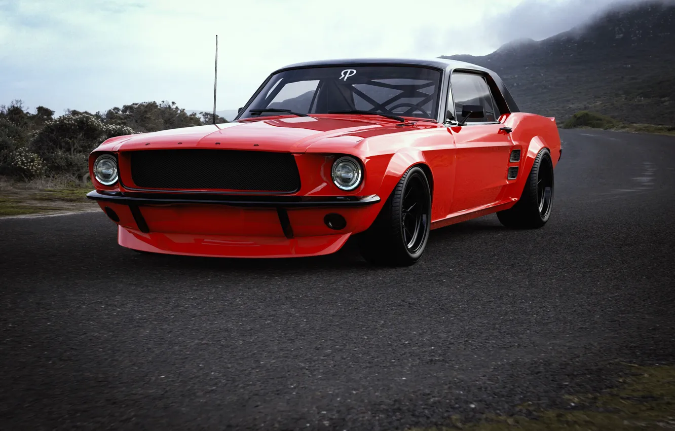 Photo wallpaper machine, auto, red, retro, rendering, Mustang, Ford, Transport & Vehicles