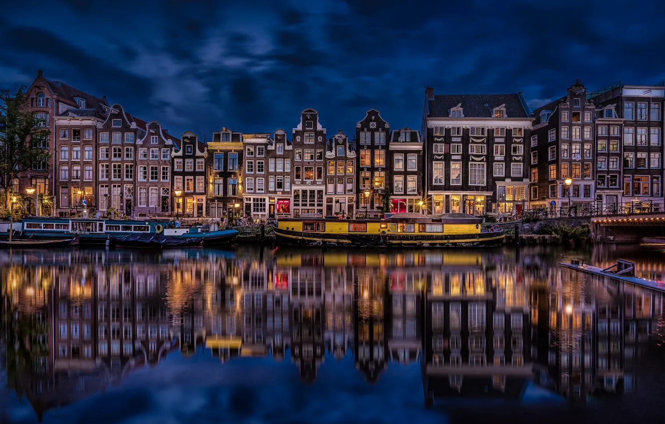 Photo wallpaper reflection, building, Amsterdam, channel, Netherlands, night city, promenade, Amsterdam