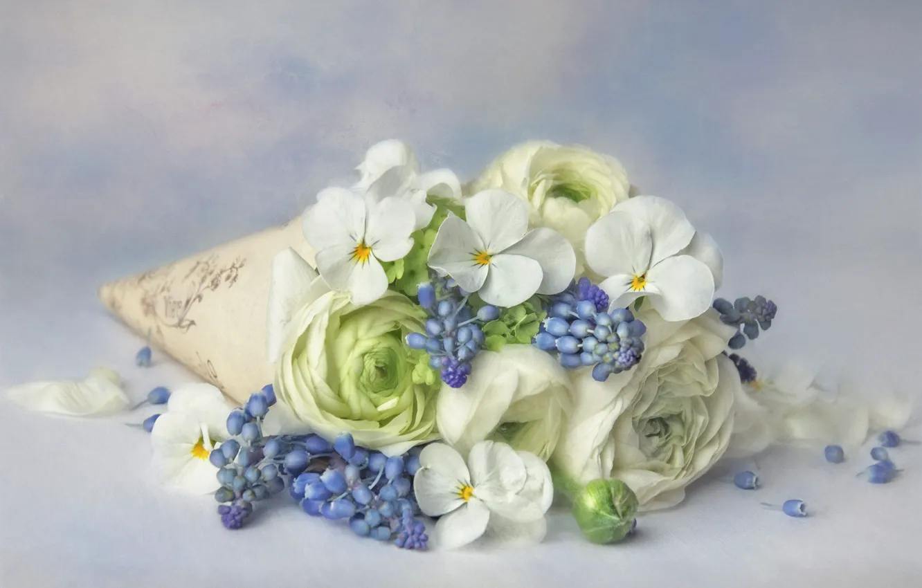 Photo wallpaper flowers, background, bouquet, blue, art, lies, white, painting