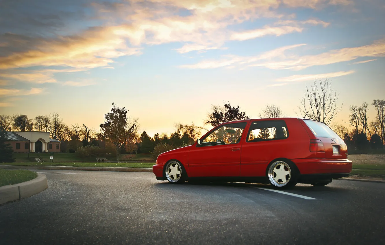 Photo wallpaper the sky, clouds, red, volkswagen, profile, red, Golf, golf