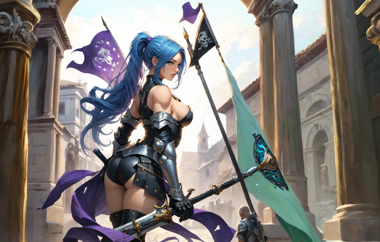 Photo wallpaper girl, sword, fantasy, armor, green eyes, digital art, artwork, warrior