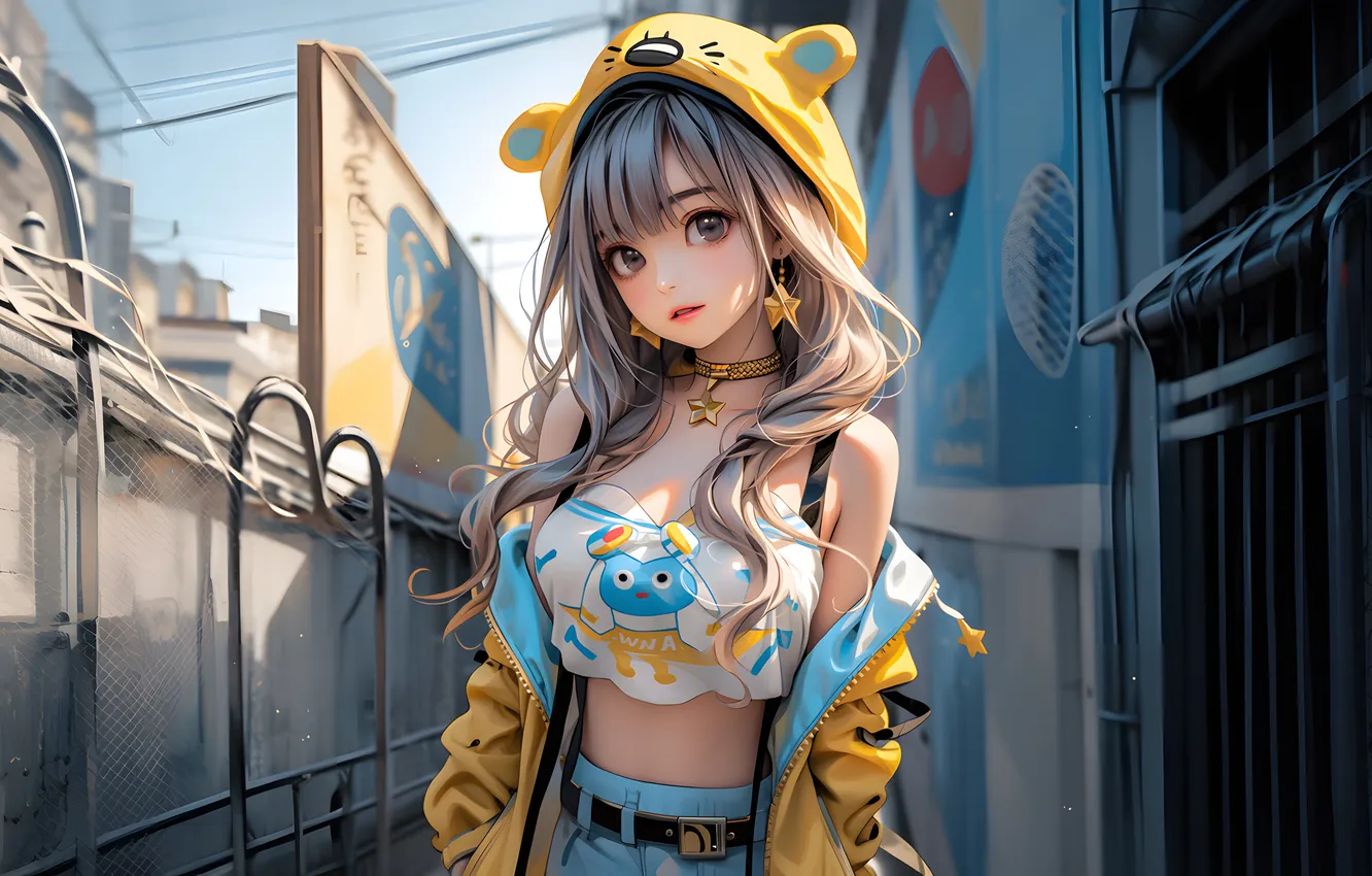 Photo wallpaper long hair, women, digital art, earring, looking at viewer, choker, AI Art