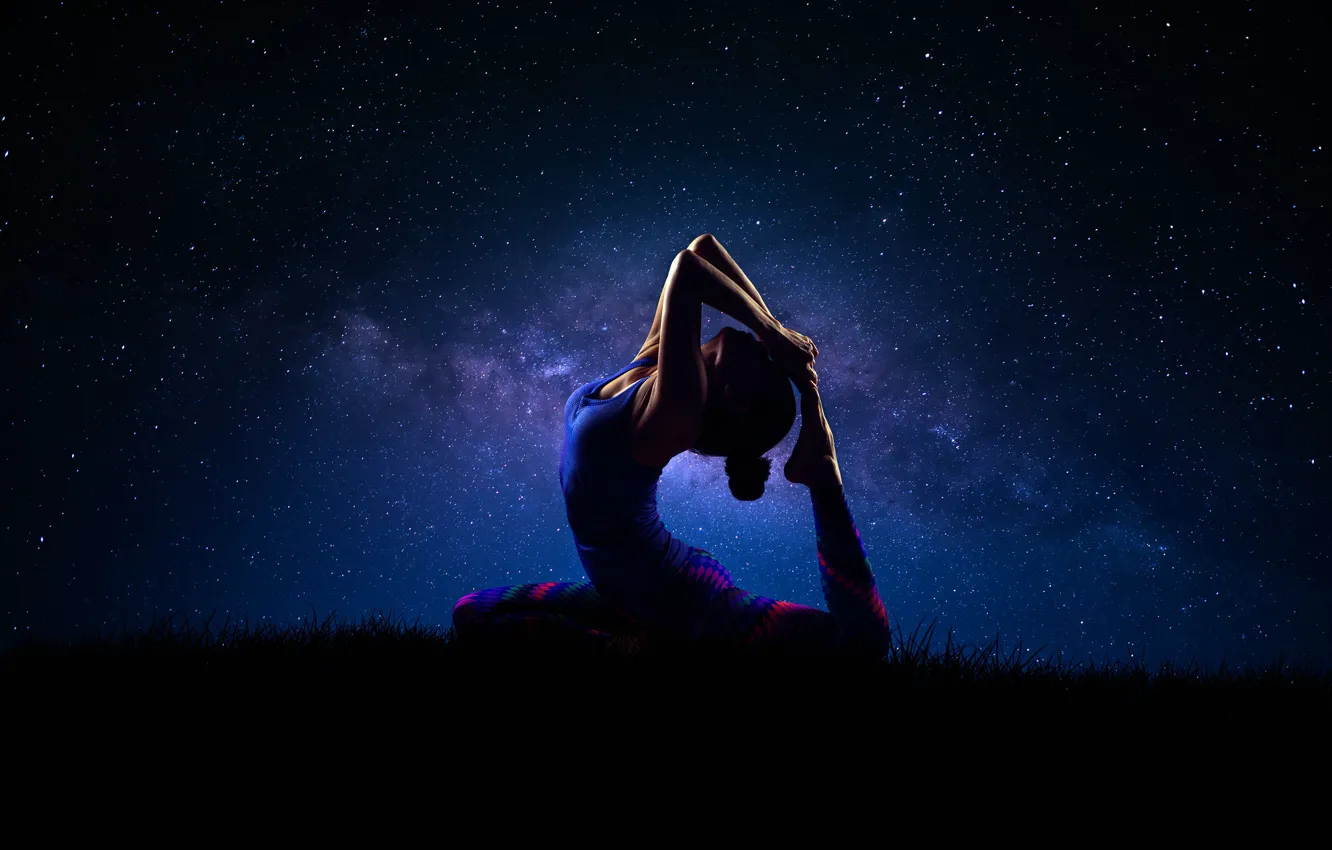Photo wallpaper girl, night, pose, stars, grace, Yoga