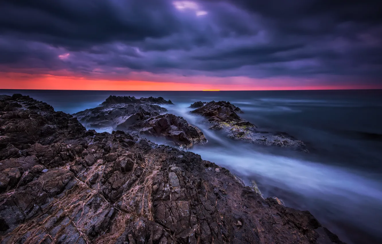 Photo wallpaper sea, beach, landscape, sunset, nature, sunrise, stones, rocks