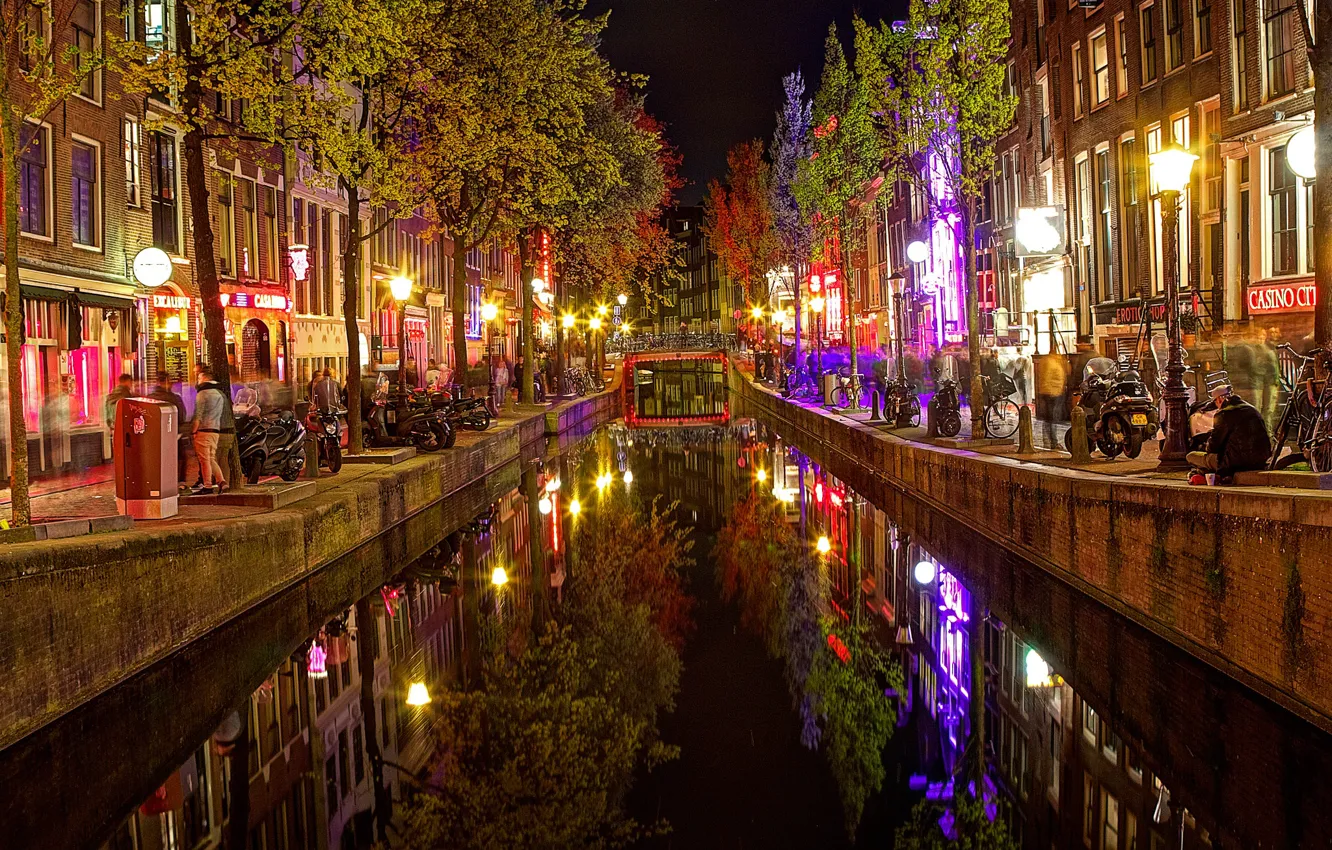 Photo wallpaper night, lights, home, Amsterdam, channel, Netherlands