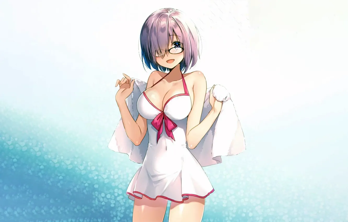 Photo wallpaper girl, sexy, cleavage, dress, sea, boobs, anime, blue eyes